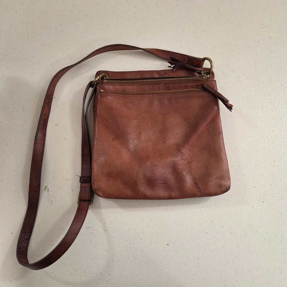 Margot New York Cognac Brown Genuine Leather Triple Zip Crossbody Bag Distressed